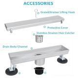 32 Inch Linear Shower Drain Silver Floor Drain for Bathroom Kitchen Rectangular 2 in 1 Floor Drain Tile Insert Cover 304 Stainless Steel Easy Install with Hair Strainer, Adjustable Leveling Feet
