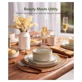 $120 Famiware Star Dinnerware Set with Pasta Bowls, Service for 4 (16pcs), Ribbed Stoneware Plates and Double Bowls Dishes Sets - Chip & Scratch Resistant, Microwave & Dishwasher Safe, Cappuccino Whit
