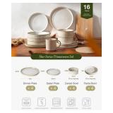 $120 Famiware Star Dinnerware Set with Pasta Bowls, Service for 4 (16pcs), Ribbed Stoneware Plates and Double Bowls Dishes Sets - Chip & Scratch Resistant, Microwave & Dishwasher Safe, Cappuccino Whit