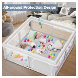 Baby Playpen with Balls and Pull Rings for Babies and Toddlers 50 x 50 inch, Play Yards Indoor, Sturdy Safety Play Pen with Soft Breathable Mesh, Baby Fence