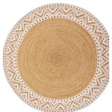voyzz home Premium Natural Jute Braided Area Rug, 5-feet Round, White Printed Border, Stain Resistance, Natural Handmade Rug for Entryways, Living Room, Dining Room, Bedroom, Farmhouse, Kitchen