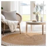 voyzz home Premium Natural Jute Braided Area Rug, 5-feet Round, White Printed Border, Stain Resistance, Natural Handmade Rug for Entryways, Living Room, Dining Room, Bedroom, Farmhouse, Kitchen