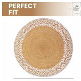 voyzz home Premium Natural Jute Braided Area Rug, 5-feet Round, White Printed Border, Stain Resistance, Natural Handmade Rug for Entryways, Living Room, Dining Room, Bedroom, Farmhouse, Kitchen