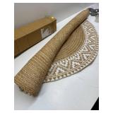 voyzz home Premium Natural Jute Braided Area Rug, 5-feet Round, White Printed Border, Stain Resistance, Natural Handmade Rug for Entryways, Living Room, Dining Room, Bedroom, Farmhouse, Kitchen