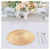 Charger Plates Bulk,100PCS Round Dinner Floral Plates, 13 Inch PP Charger Plate, Reusable Chargers Dishes for Upscale Wedding, Dining & Serving (50, Gold)