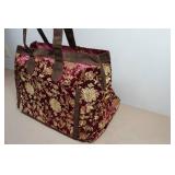 *2* XL Maroon Fabric Gold Tone Embroidered Floral Design Tote Travel Bag
