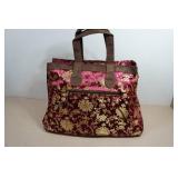 *2* XL Maroon Fabric Gold Tone Embroidered Floral Design Tote Travel Bag