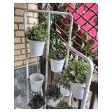 White Metal Tiered Planter Stands With Hanging Pots (Lot of 2)