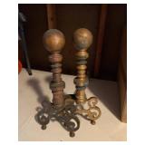 Antique Brass Fireplace Andirons Pair Scroll Feet One Incomplete
