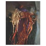 Halloween Witch Decoration Prop Raffia Straw Broom Figure Purple Hat