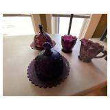Amethyst Glass Gilt Floral 6 Pc Set Covered Dishes Creamer Sugar