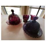 Amethyst Glass Gilt Floral 6 Pc Set Covered Dishes Creamer Sugar