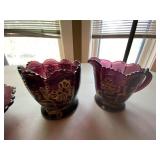 Amethyst Glass Gilt Floral 6 Pc Set Covered Dishes Creamer Sugar