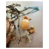 Vintage Religious Keepsake Group Rosaries Satin Lace Purse Baby Rattle