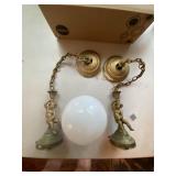 Vintage Cherub Figural Hanging Light Fixtures Pair w Milk Glass Globe