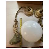 Vintage Cherub Figural Hanging Light Fixtures Pair w Milk Glass Globe