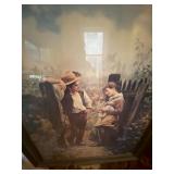 Framed Romantic Cottage Scene Print Wood Tone Frame 36 x 30 Wall Art