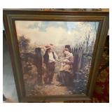 Framed Romantic Cottage Scene Print Wood Tone Frame 36 x 30 Wall Art