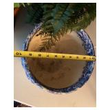 Blue Spongeware Planter Faux Fern Wicker Doll Bed Decor Set Good