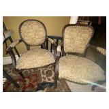 Antique Upholstered Parlor Armchairs Pair Carved Wood Floral Fabric