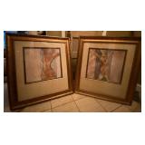 Pair Contemporary Framed Abstract Figural Wall Art Gold Frames