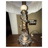 Vintage Figural Table Lamp Pink Pleated Fringe Shade Ornate Base 30in