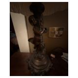 Vintage Figural Table Lamp Pink Pleated Fringe Shade Ornate Base 30in
