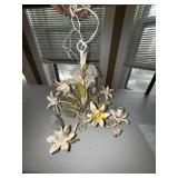Vintage Floral Tole Metal 4-Light Chandelier Lily Motif Distressed