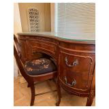 Vintage French Provincial Vanity Desk & Chair w Glass Top, 42in