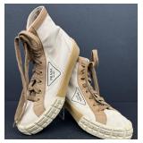 PRADA Milano High-Top Sneakers - Beige Canvas & Tan Leather, EU 39 1/2