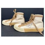 PRADA Milano High-Top Sneakers - Beige Canvas & Tan Leather, EU 39 1/2
