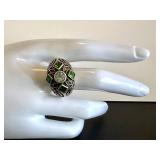Ornate Green and Clear Stone Domed Statement Ring