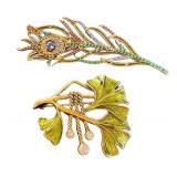 Joan Rivers Ginkgo & Metropolitan Museum of Art Peacock Feather Brooches (Lot of 2)
