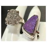 Sterling Silver Druzy Ring Duo Size 8 & 8.75 (Lot of 2)