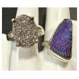 Sterling Silver Druzy Ring Duo Size 8 & 8.75 (Lot of 2)