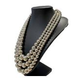 Vintage Italian Triple Strand Sterling Silver Beaded Necklace 130g
