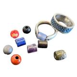 Vintage Sterling Tipit Ring & Sterling Bead Ring With Assorted Beads
