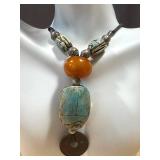 Vintage Scarab Beaded Necklace With Coin Pendant