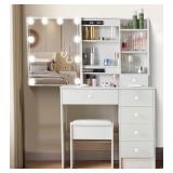 Vanity Set with Sliding Mirror and Light, Vanity Dressing Table with 5 Drawers and Open Shelf, 2024 New Makeup Dresser, Vanity Desk with Stool