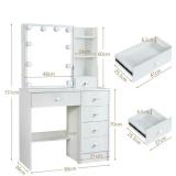 Vanity Set with Sliding Mirror and Light, Vanity Dressing Table with 5 Drawers and Open Shelf, 2024 New Makeup Dresser, Vanity Desk with Stool