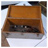 Vintage Tool box (Wooden) with several misc. Tools (pipe cutter, flare tool, pliers, etc.)