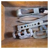 Vintage Tool box (Wooden) with several misc. Tools (pipe cutter, flare tool, pliers, etc.)