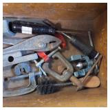 Vintage Tool box (Wooden) with several misc. Tools (pipe cutter, flare tool, pliers, etc.)