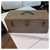 Vintage Tool box (Wooden) with several misc. Tools (pipe cutter, flare tool, pliers, etc.)