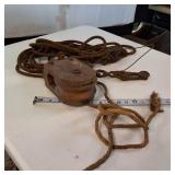 Vintage Wooden Block Pulley with some vintage cordage