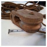 Vintage Wooden Block Pulley with some vintage cordage