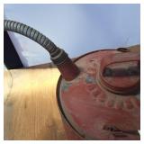 Vintage Painted 2 gal Tin Can with wooden handle, 10 inches tall with metal spout