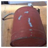 Vintage Painted 2 gal Tin Can with wooden handle, 10 inches tall with metal spout