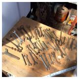 Large lot of vintage wrenches and misc tools, includes Miller Lite metal carrying pail