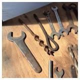 Large lot of vintage wrenches and misc tools, includes Miller Lite metal carrying pail